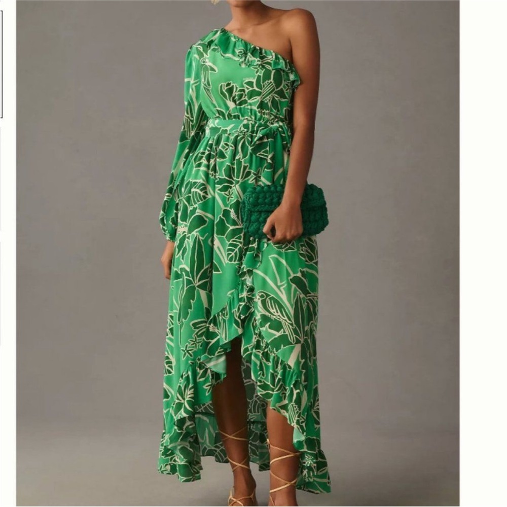 FARM Rio Green Floral One-Shoulder Dress